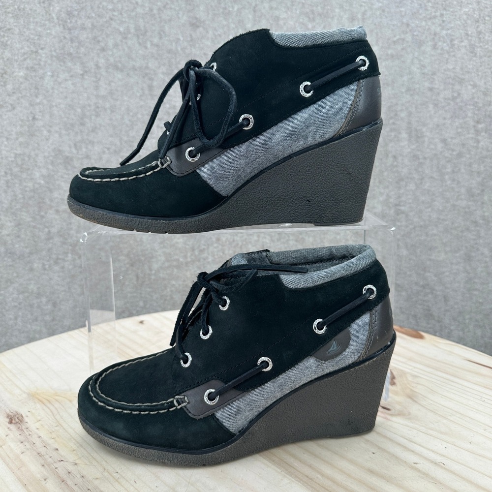 Sperry Top-Sider Wedge Booties Womens 7M Black Gray Suede Boat Shoes